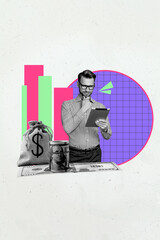 Poster - Poster creative collage of young person having money browsing netbook on white background