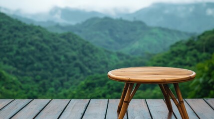 Poster - Eco-friendly bamboo table showcasing misty rainforest backdrop, highlighting sustainable living