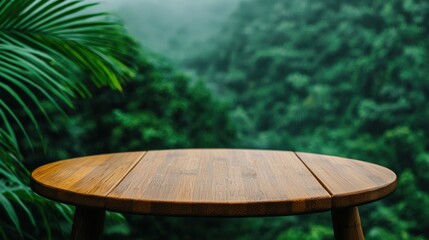 Poster - Empty bamboo table showcasing tropical rainforest backdrop highlighting sustainable living