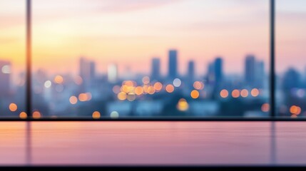 Fototapete - Empty desk overlooking vibrant cityscape at sunset: growth and innovation