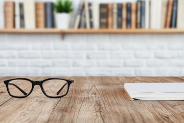 Poster - Eyeglasses and book resting on wooden desk with blurred bookshelf in background