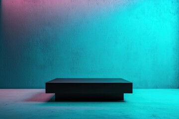 Fototapete - Futuristic matte black floating table illuminated by soft blue ambient tech lights