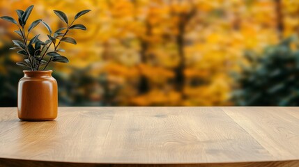Poster - Empty wooden table with plant and dreamy autumn forest background