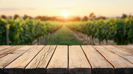 Aufkleber - Empty wooden table showcasing blurred vineyard at sunset for organic product display