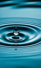 Poster - Clean water drop falling and splashing on a calm blue water surface, creating perfect concentric ripples expanding outwards, suitable for backgrounds, presentations, and graphic design projects