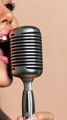 Poster - Close up of a singer's lips and teeth as she performs with a vintage microphone, highlighting the beauty and precision of her vocal delivery in a music studio setting