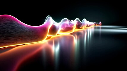 Poster - Colorful abstract waveform moving across a dark surface with reflections. Animated sound wave visualization for music and technology concepts. Futuristic motion graphic background video clip.
