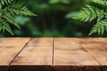 Poster - Wooden tabletop showcasing lush greenery framing a path, ideal for fitness and active lifestyle promotions