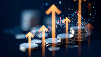 Poster - Orange arrows pointing upward on financial graph with coins. Business growth chart with rising trend line animation. Digital stock market data visualization video footage for investment analysis.