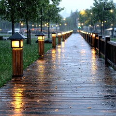 Poster - A serene walkway illuminated with beautiful lights creating a magical atmosphere at night