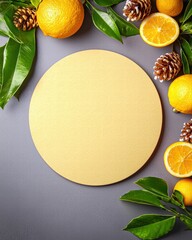 Poster - Vibrant yellow circle surrounded by fresh oranges and rustic pine cones in a natural arrangement
