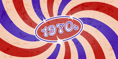 Poster - 1970s groovy banner with swirl and grunge texture. Damaged wall in 70s groovy style. Vector striped old-fashioned background.