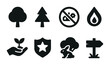 © Coosh448 - Eco-friendly solid icons set – flat style nature, conservation, and wildlife symbols for environmental awareness: tree, recycle, water drop, sapling, rabbit, shield, signpost.