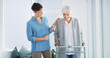 © peopleimages.com - Homecare, caregiver and elderly woman with walker for healthcare, physio or help in retirement. Senior care, physiotherapist and old person with walking frame, mobility exercise and home support
