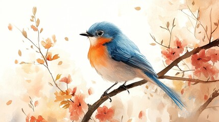 Naklejka na meble Watercolor Illustration of Blue Bird Perched on Branch, 