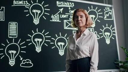 Aufkleber - Businesswoman stands confidently in front of a blackboard adorned with business related drawings, suggesting a presentation of innovative ideas or a strategic discussion
