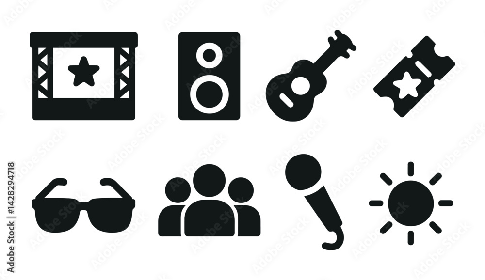 Music festival solid icons set – filled style concert, entertainment ...