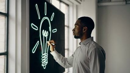 Poster - Young african american businessman drawing a glowing light bulb on an interactive whiteboard, symbolizing innovation and idea generation in a modern office environment