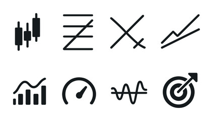 Poster - Financial and business growth line icons set – outline style analytics, investment, and strategy symbols for economic insight: candlestick, graph, chart, performance, speedometer, target.