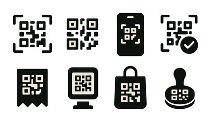 qr code icon set – solid style tech and scan symbols for digital security: qr code, smartphone, rece