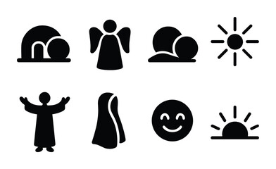 Poster - Easter celebration silhouette icons set – solid style religious and holiday symbols for spring festivity: tomb, angel, stones, sun, risen figure, mary, smiley, sunrise.
