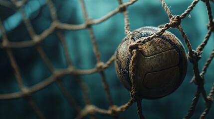 Close-up net knots and ball flying past.