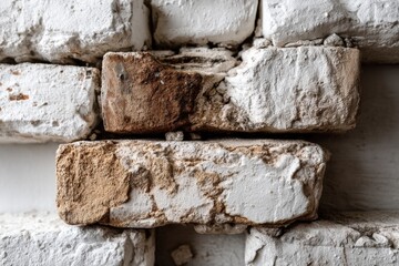 Poster - close-up of a weathered brick wall with peeling white paint, showcasing texture, and the history emb