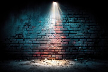 Poster - Dramatic spotlight illuminates an aged brick wall in a dark, urban setting, showcasing texture and depth, creating a cinematic, gritty backdrop for your creative designs.
