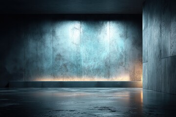 Poster - A modern and abstract empty room interior with concrete walls illuminated by soft, diffused blue light, creating a minimalist and industrial design concept.