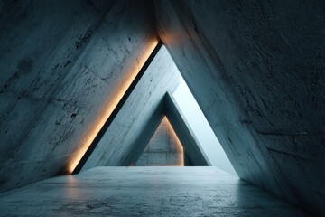 Poster - An abstract geometric architectural space with triangle design and soft ambient lighting, featuring concrete walls and minimalist construction, creating a modern industrial aesthetic.
