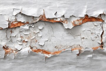 Poster - close-up of peeling white paint revealing rust underneath, creating a textured and aged effect, show