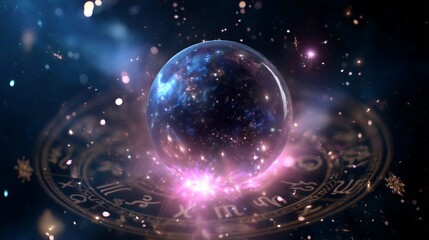 Wall Mural - Cosmic crystal ball surrounded by glowing stars and astrological symbols in deep space