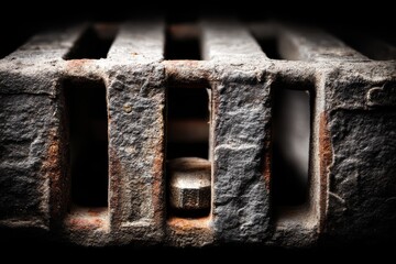 Poster - A close-up shot of a heavily textured and weathered metal grate, highlighting the rough surface, rust stains, and the geometric pattern of its design with bold details.