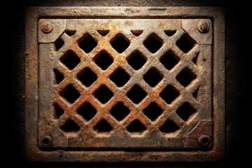 Poster - Close-up of a rusty, aged metal grate with diamond-shaped openings, showcasing textures and patterns, illuminated by a warm light source, against a dark background.