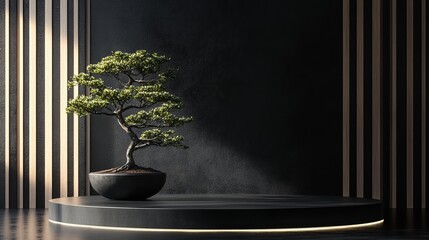 Poster - Serene Bonsai Tree Minimalist Zen Garden Peaceful Atmosphere Tranquil Nature Dark Background Modern Design Elegant Japanese Style Interior Decoration Sophisticated Minimalist Aesthetic Calm Peaceful  