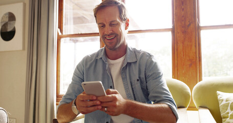Poster - Home, typing and man with smartphone, smile and connection with message to contact. Apartment, mobile user and person in lounge, cellphone and digital app for social media, communication and chatting