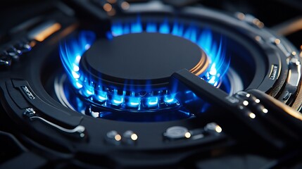Poster - Closeup Modern Gas Stove Burner Blue Flames Dark Background Detailed Design Kitchen Appliance Energy Efficiency Cooking Fuel Technology Innovative Design Premium Quality Metal Surface hob fire heat   