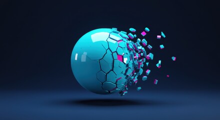 Poster - Shattering Cyan Sphere: A 3D Render of a  Destructing Geometric Orb with Neon Pink Fractures Against a Deep Blue Background