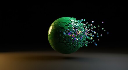 Fototapete - Abstract 3D Render of Exploding Green Sphere Shattering into Iridescent Fragments Against a Dark Background