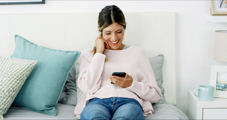 Aufkleber - Woman, smartphone and happy with texting on sofa, chat or check notification in living room at in home. Person, smile and scroll with phone, mobile app and contact on social network at apartment