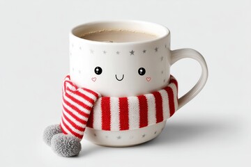 Poster - A cartoon coffee mug with smiling face and flag scarf on a white background