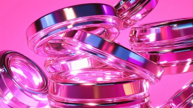 Shiny, holographic rings cascade in a vibrant pink space.