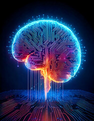 Poster - A digital brain, glowing with intricate circuit patterns, connects to a circuit board. Concept for AI, technology, or neuroscience. Evokes innovation and intelligence.