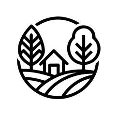 house and trees icon in black circular farm landscape style