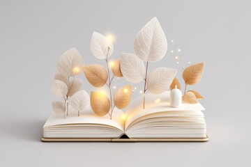 Poster - A digital 3D rendering of a floating prayer journal surrounded by glowing leaves and ethereal light