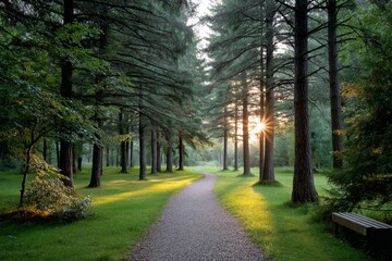 Poster - A forest bathed in golden light during sunset on the summer solstice