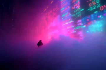 Poster - Mysterious figure walking through neon fog in an urban landscape at night