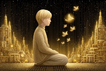 Poster - A pixel art style character praying with a golden aura and pixelated doves flying upward
