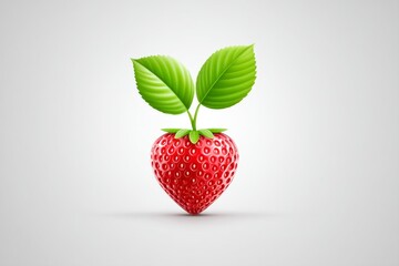 Poster - A simple red strawberry icon with two tiny leaves on a white surface