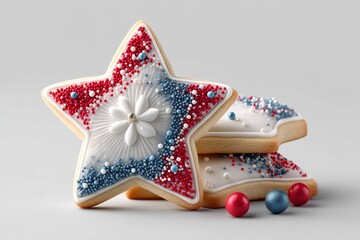 Wall Mural - Simple 2D illustration of a star-shaped cookie decorated with red white and blue icing on white background